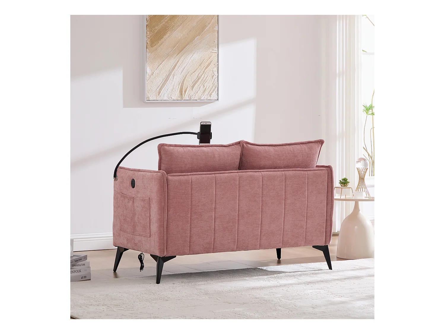 Canapé 2 places avec poches latérales, port de charge et support de téléphone, chenille rose - pour salon et chambre