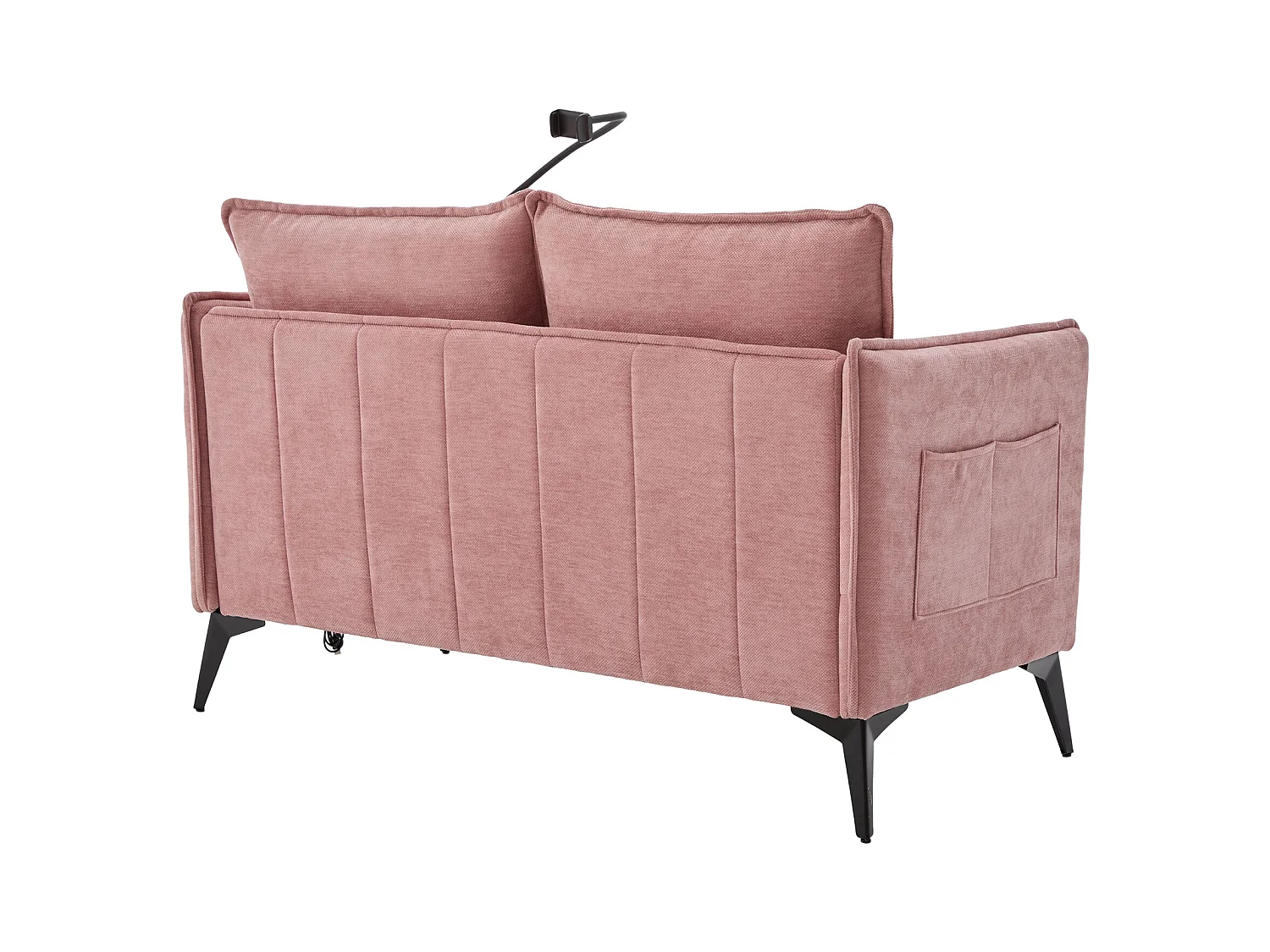Canapé 2 places avec poches latérales, port de charge et support de téléphone, chenille rose - pour salon et chambre