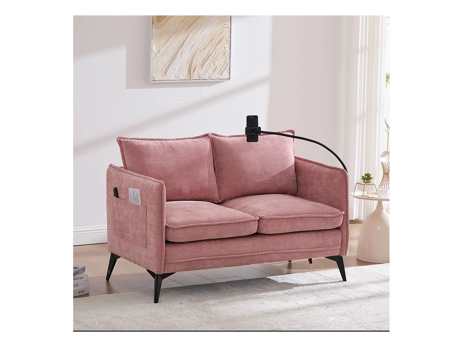 Rosafarbenes 2-Sitzer-Sofa aus Chenille mit Seitentaschen, Ladeanschluss und Handyhalterung – für Wohn- und Schlafzimmer