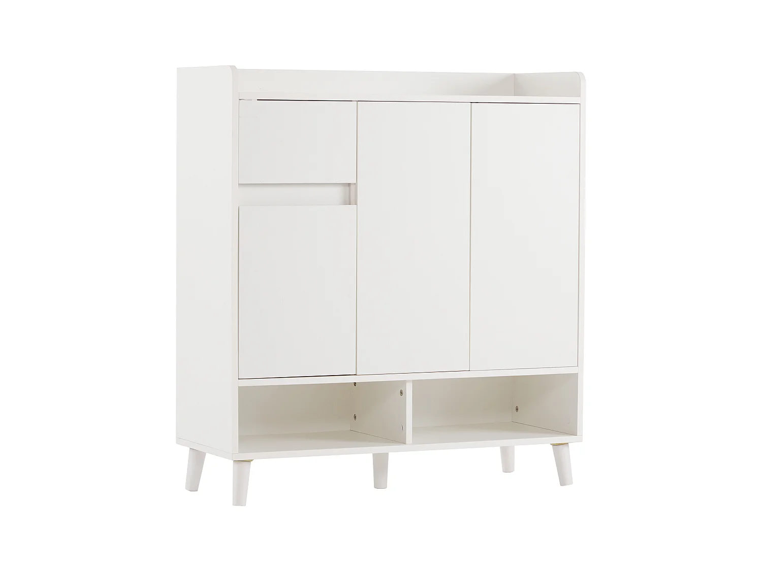 Zapatero de entrada con estantes regulables, 3 puertas y 1 cajón, patas de madera - blanco