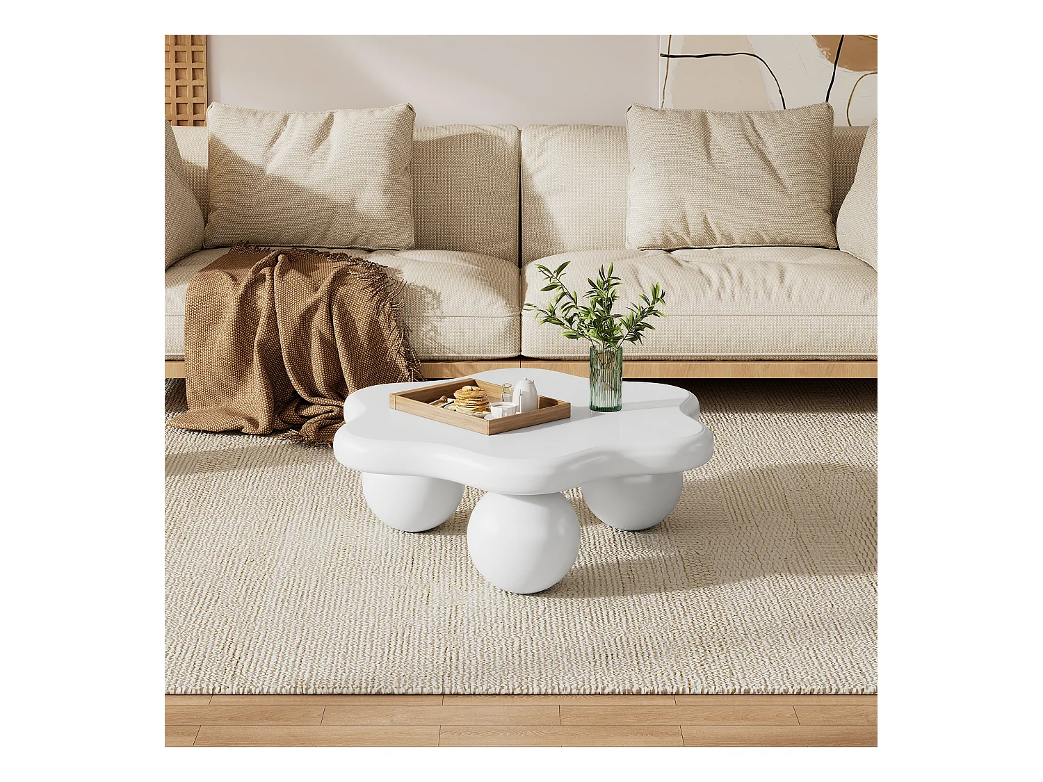 Witte bloemvormige salontafel, MDF, ronde poten, 80x72x32cm - voor woonkamer of kantoor