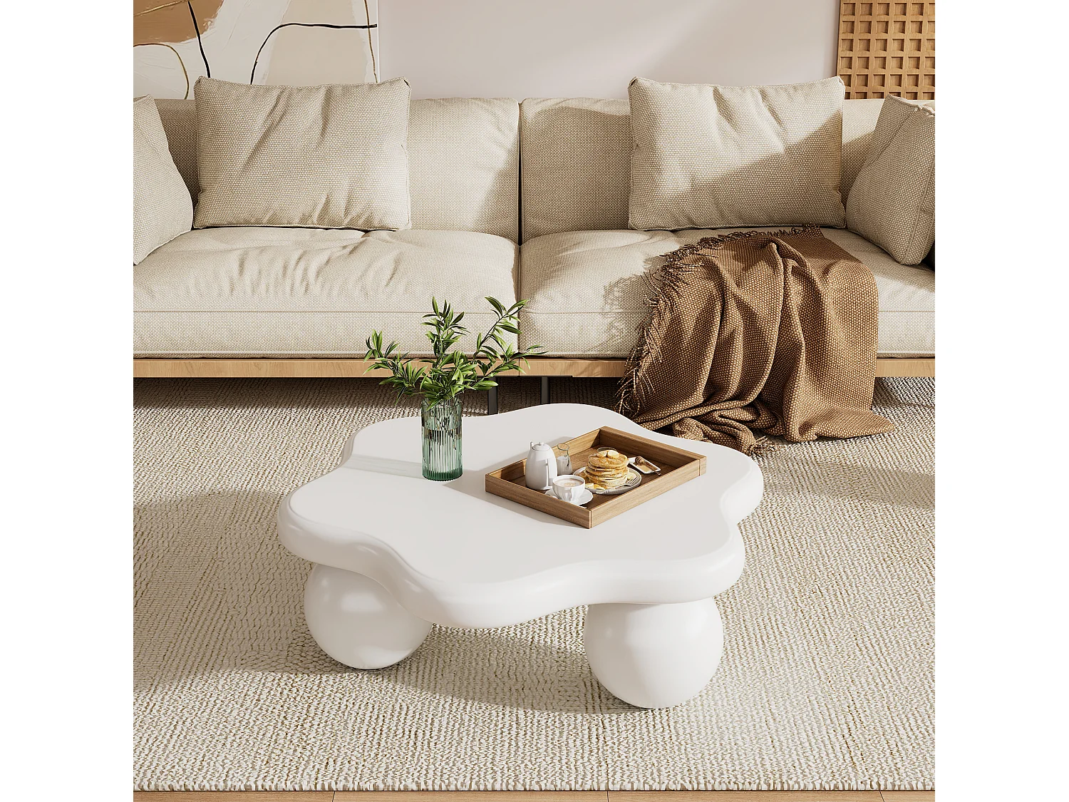 Biały stolik kawowy w kształcie kwiatka, MDF, nogi okrągłe, 80x72x32cm - do salonu lub biura