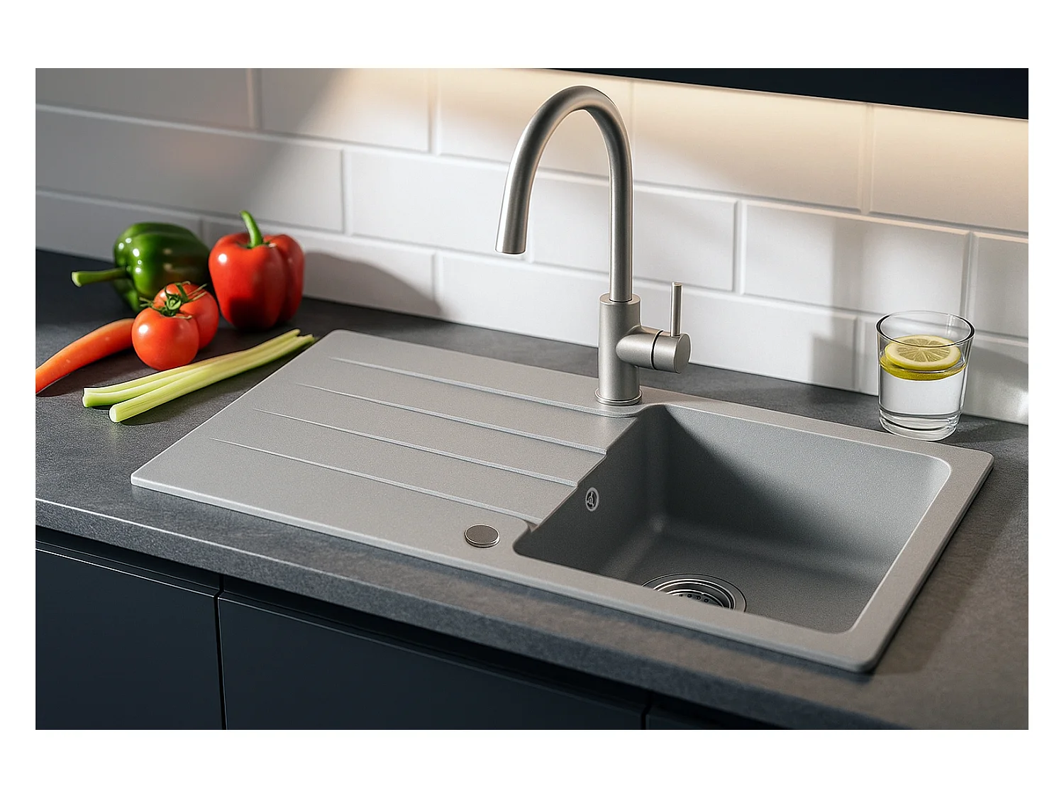 Evier rectangulaire LABOUNE GRIS en granit premium - 1 Bac avec égouttoir et vidage inclus