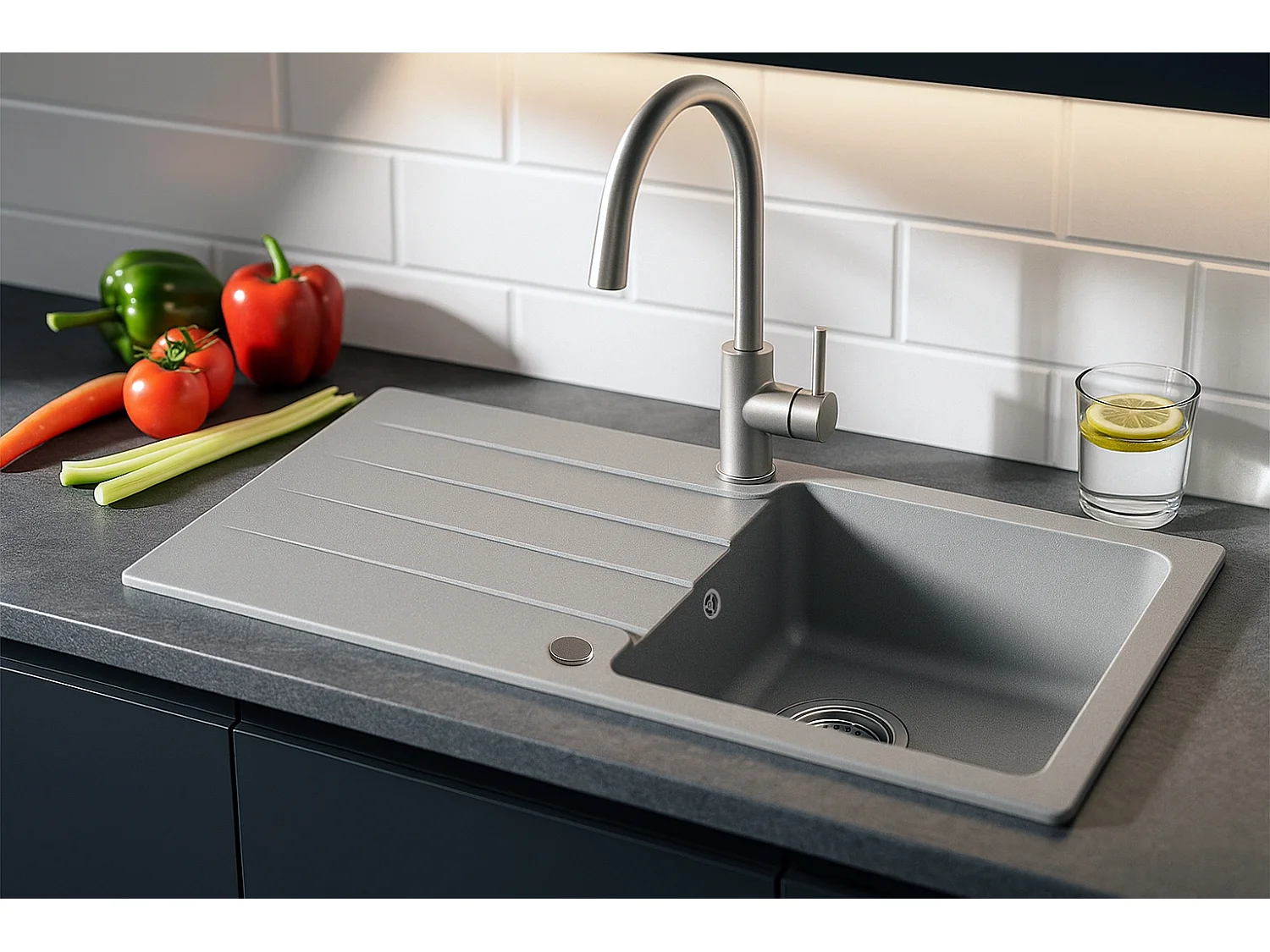 Evier rectangulaire LABOUNE GRIS en granit premium - 1 Bac avec égouttoir et vidage inclus