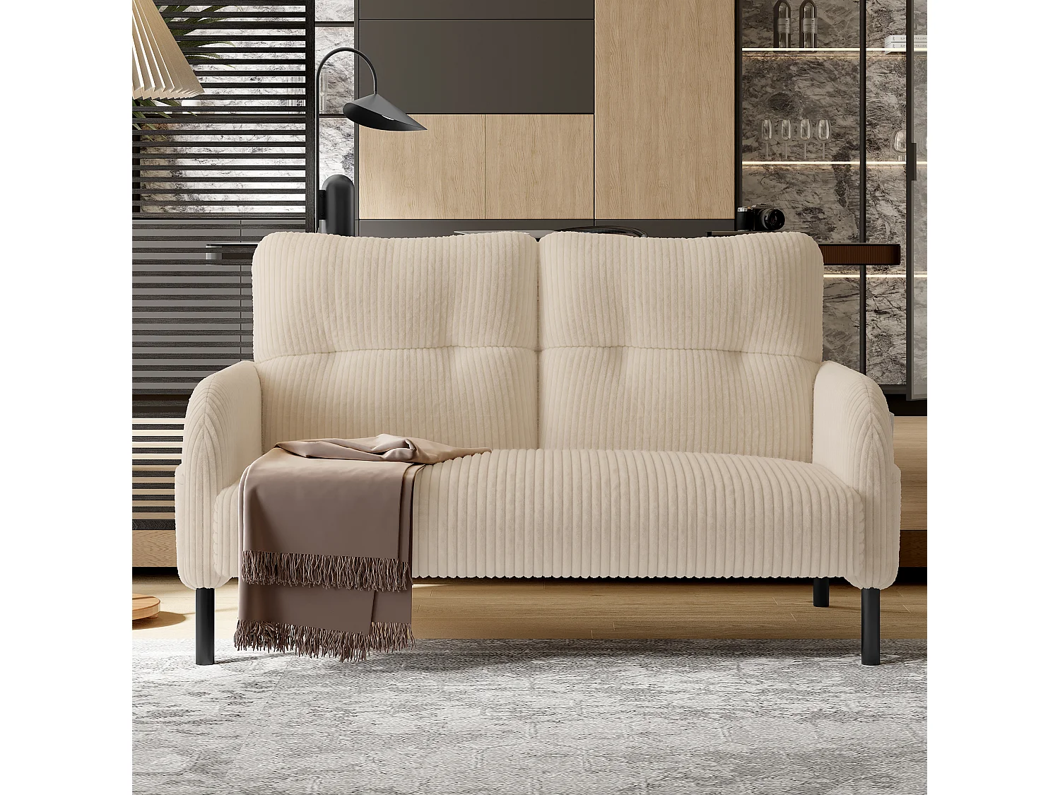 Tweezitsbank met rugleuning en zijzakken, metalen poten, beige corduroy - voor woonkamer of kantoor