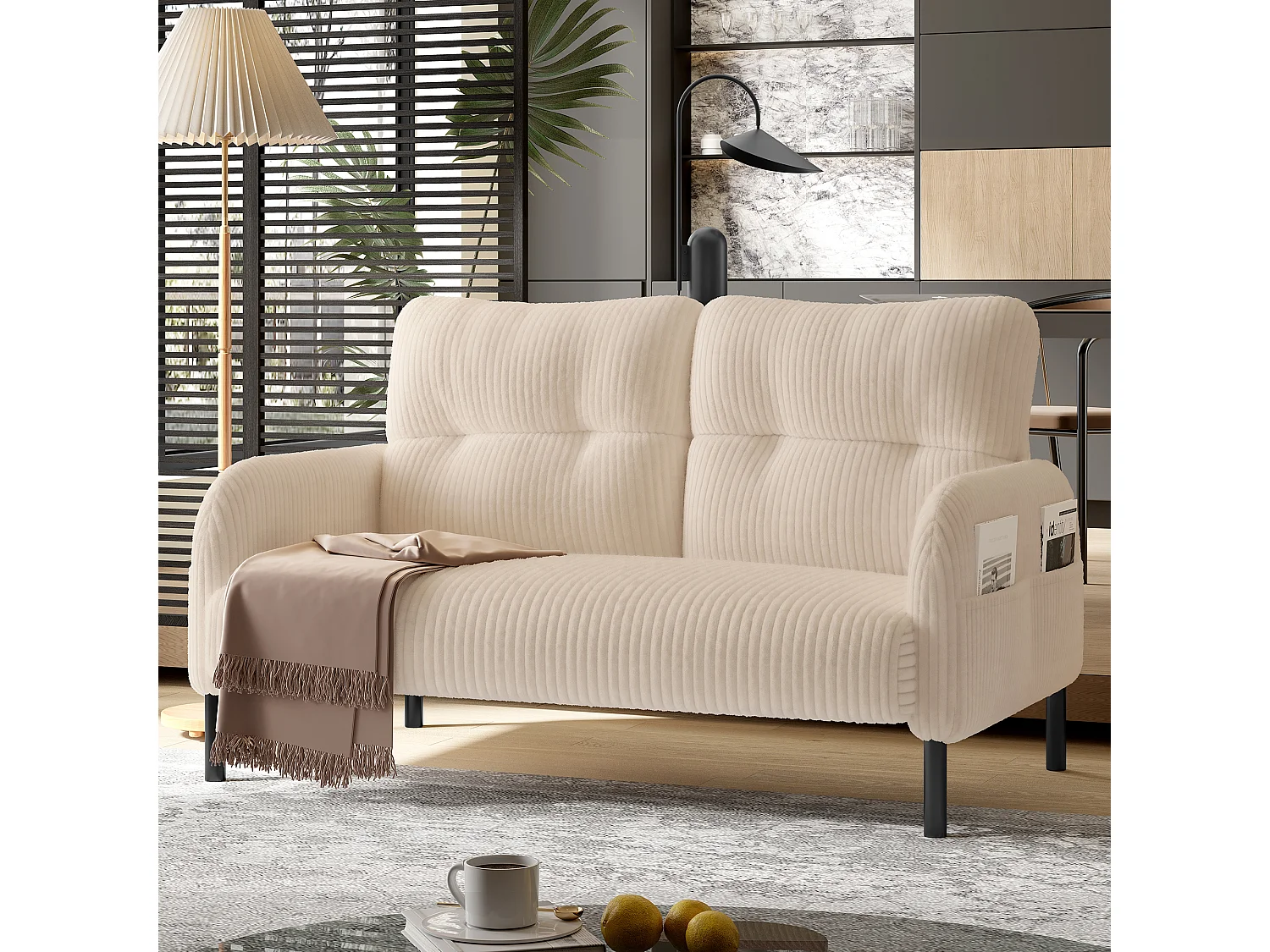 Tweezitsbank met rugleuning en zijzakken, metalen poten, beige corduroy - voor woonkamer of kantoor