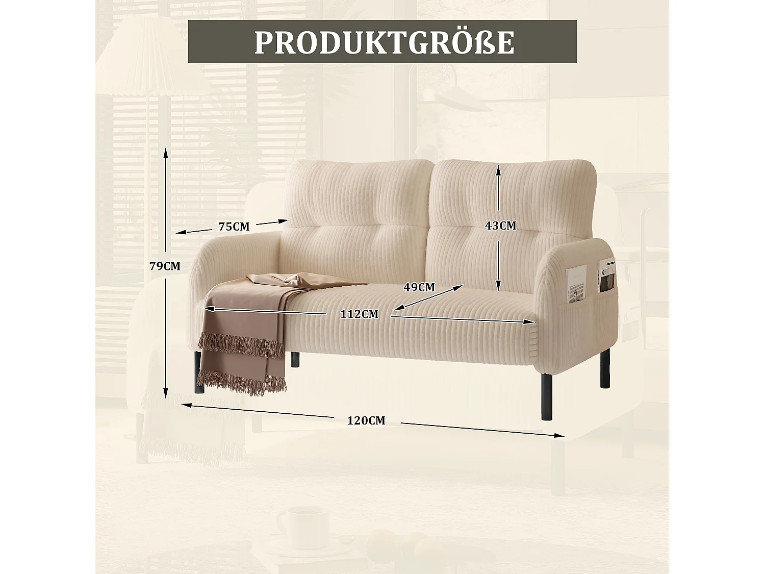 Tweezitsbank met rugleuning en zijzakken, metalen poten, beige corduroy - voor woonkamer of kantoor
