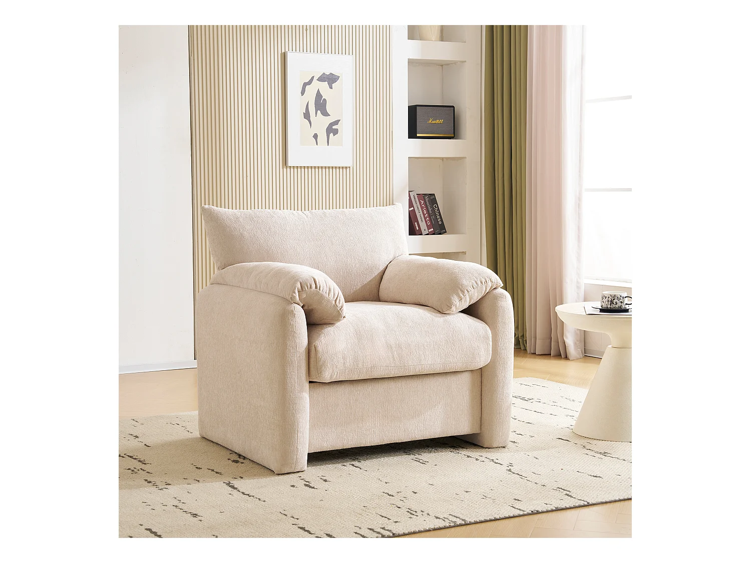 Canapé 1 place avec accoudoirs moelleux, tissu chenille beige - pour salon, chambre ou coin lecture