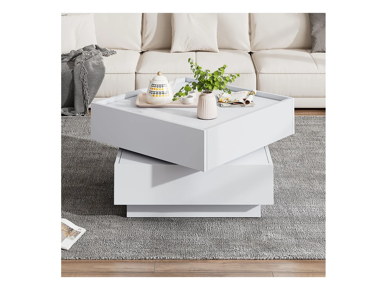 Table basse carrée avec plateau pivotant, 2 tiroirs rangements, blanc - pour salon ou chambre