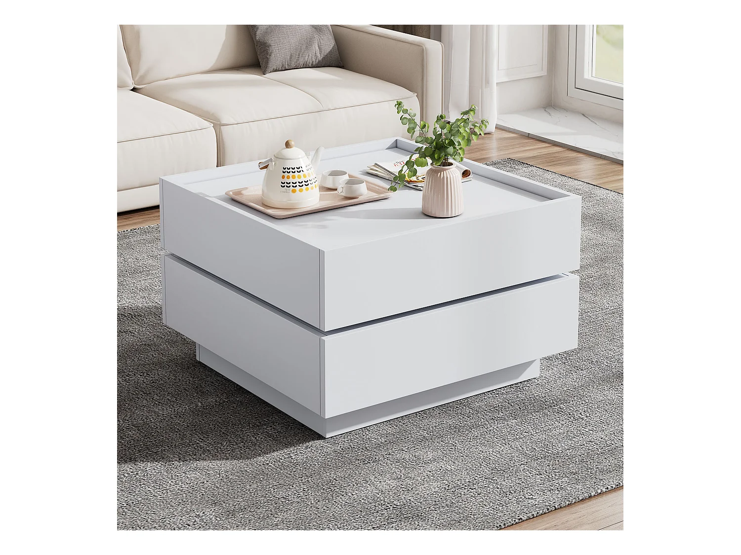 Table basse carrée avec plateau pivotant, 2 tiroirs rangements, blanc - pour salon ou chambre