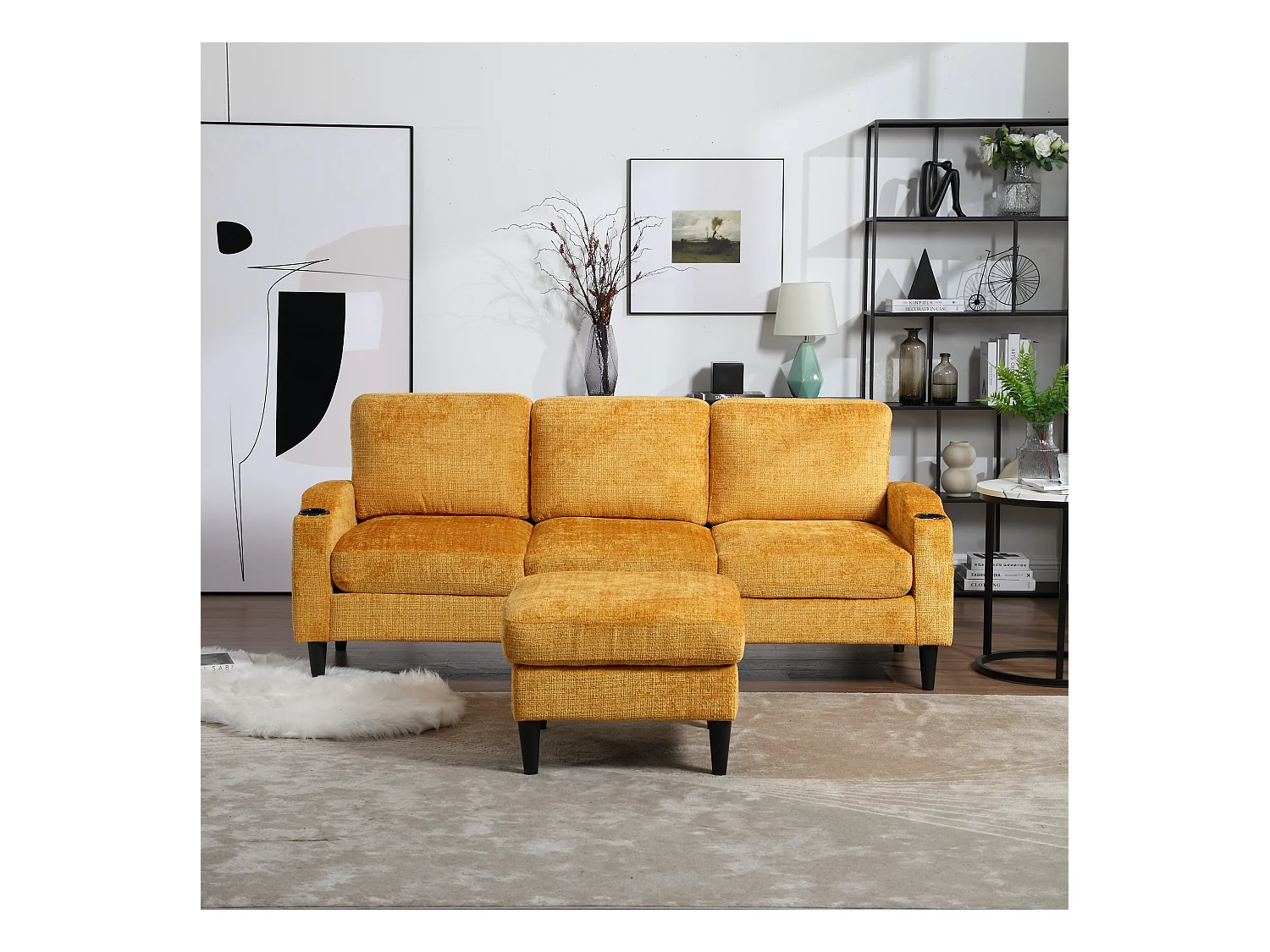 Canapé 4 places modulable, Chenille jaune, avec pouf de rangement, porte-gobelets et poches latérales - pour salon