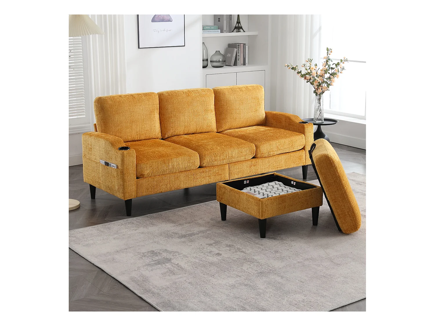 Canapé 4 places modulable, Chenille jaune, avec pouf de rangement, porte-gobelets et poches latérales - pour salon