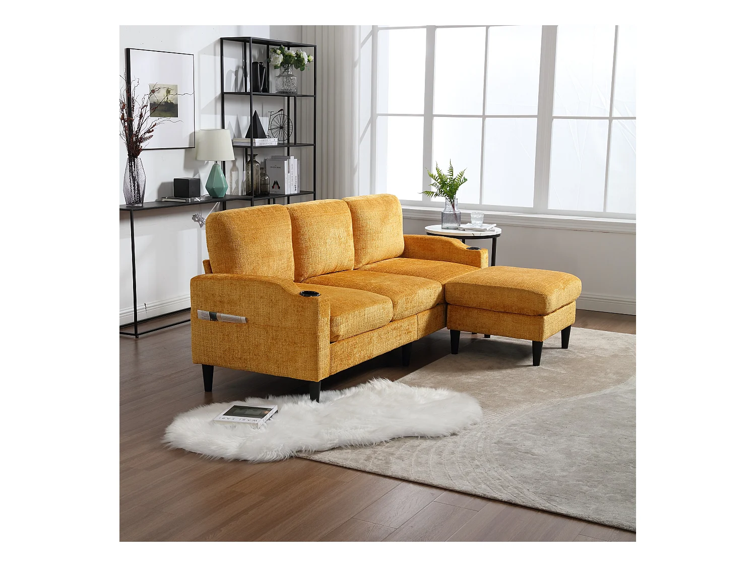 Canapé 4 places modulable, Chenille jaune, avec pouf de rangement, porte-gobelets et poches latérales - pour salon