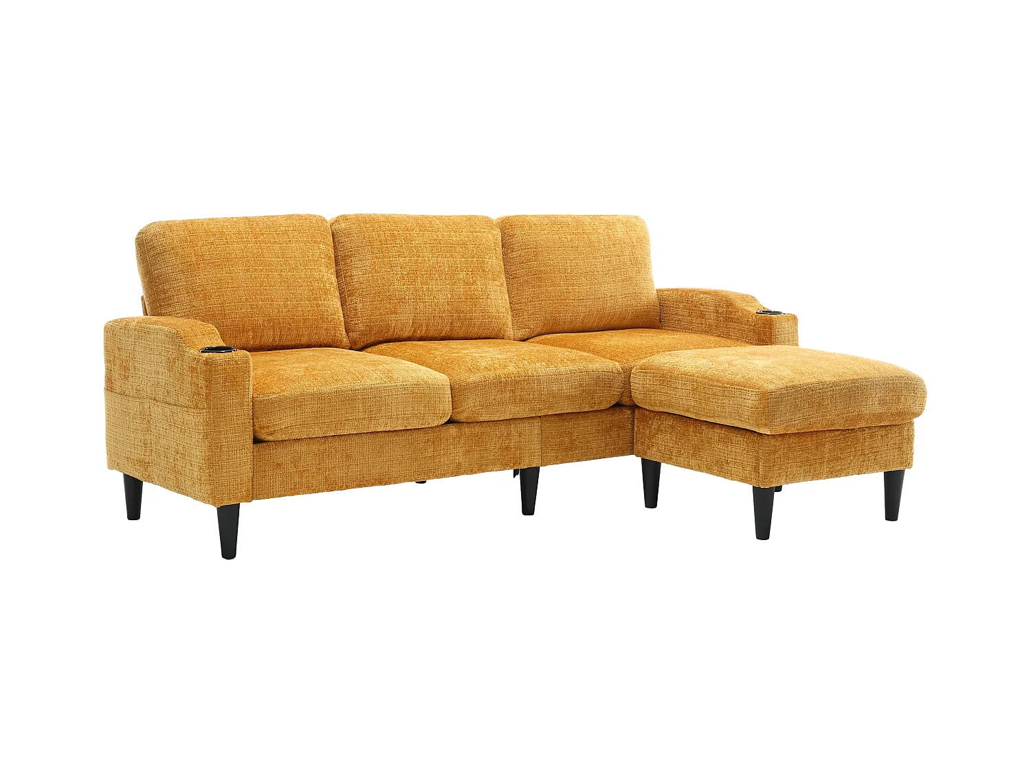 Canapé 4 places modulable, Chenille jaune, avec pouf de rangement, porte-gobelets et poches latérales - pour salon