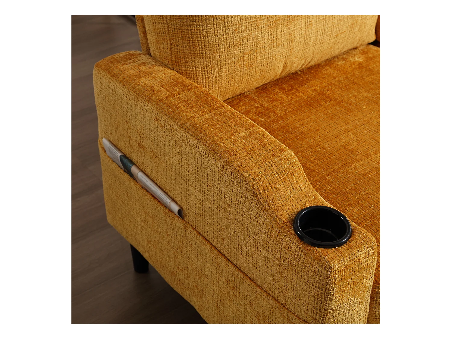 Canapé 4 places modulable, Chenille jaune, avec pouf de rangement, porte-gobelets et poches latérales - pour salon