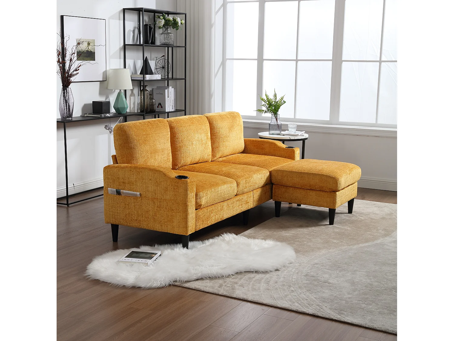 Gele Chenille 4-zits modulaire bank met opbergpoef, bekerhouders en zijzakken - voor de woonkamer