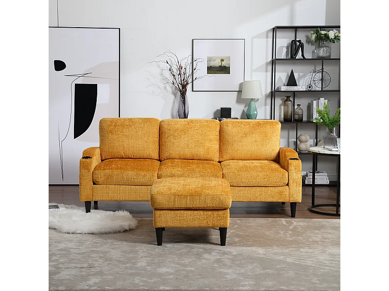 Canapé 4 places modulable, Chenille jaune, avec pouf de rangement, porte-gobelets et poches latérales - pour salon