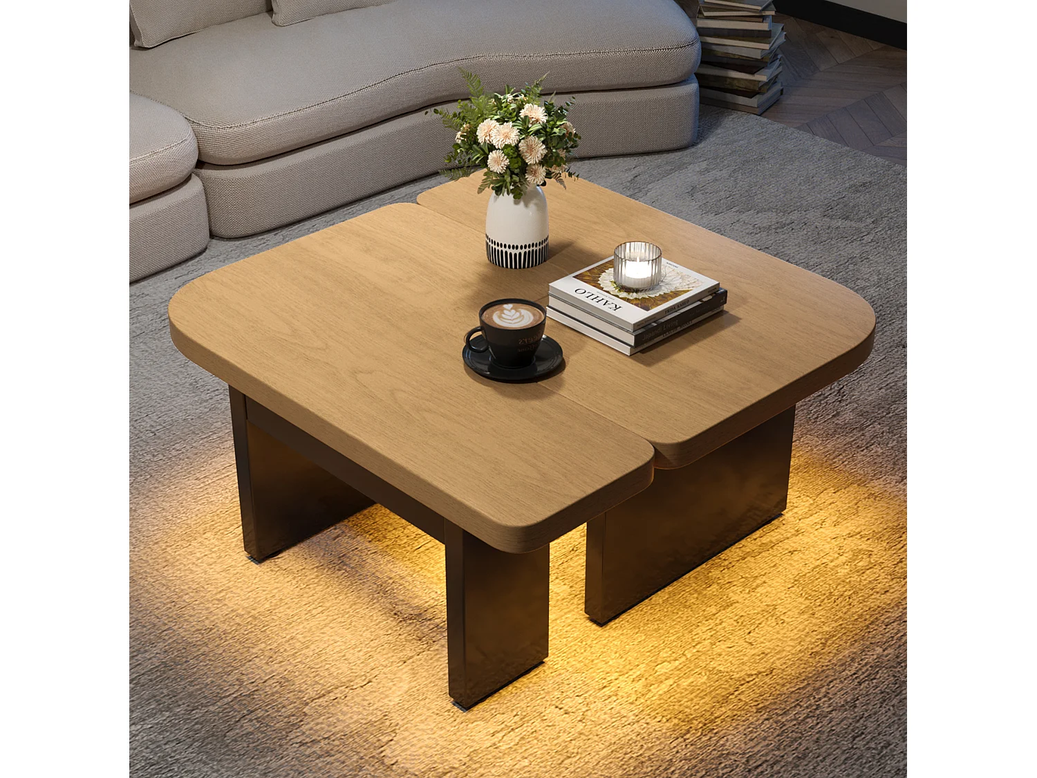Table basse en bois avec éclairage LED et 2 tiroirs, toute combinaison - pour salon ou bureau