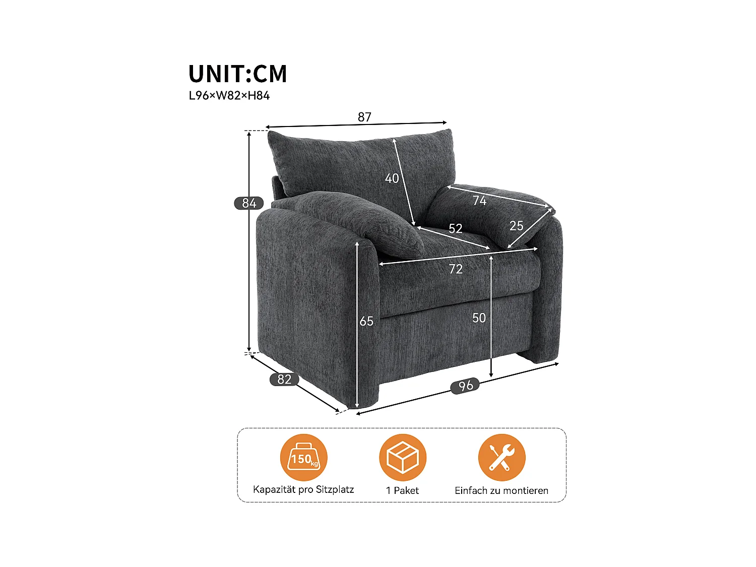 1-Sitzer-Sofa mit weichen Armlehnen, grauer Chenille-Stoff – für Wohnzimmer, Schlafzimmer oder Leseecke