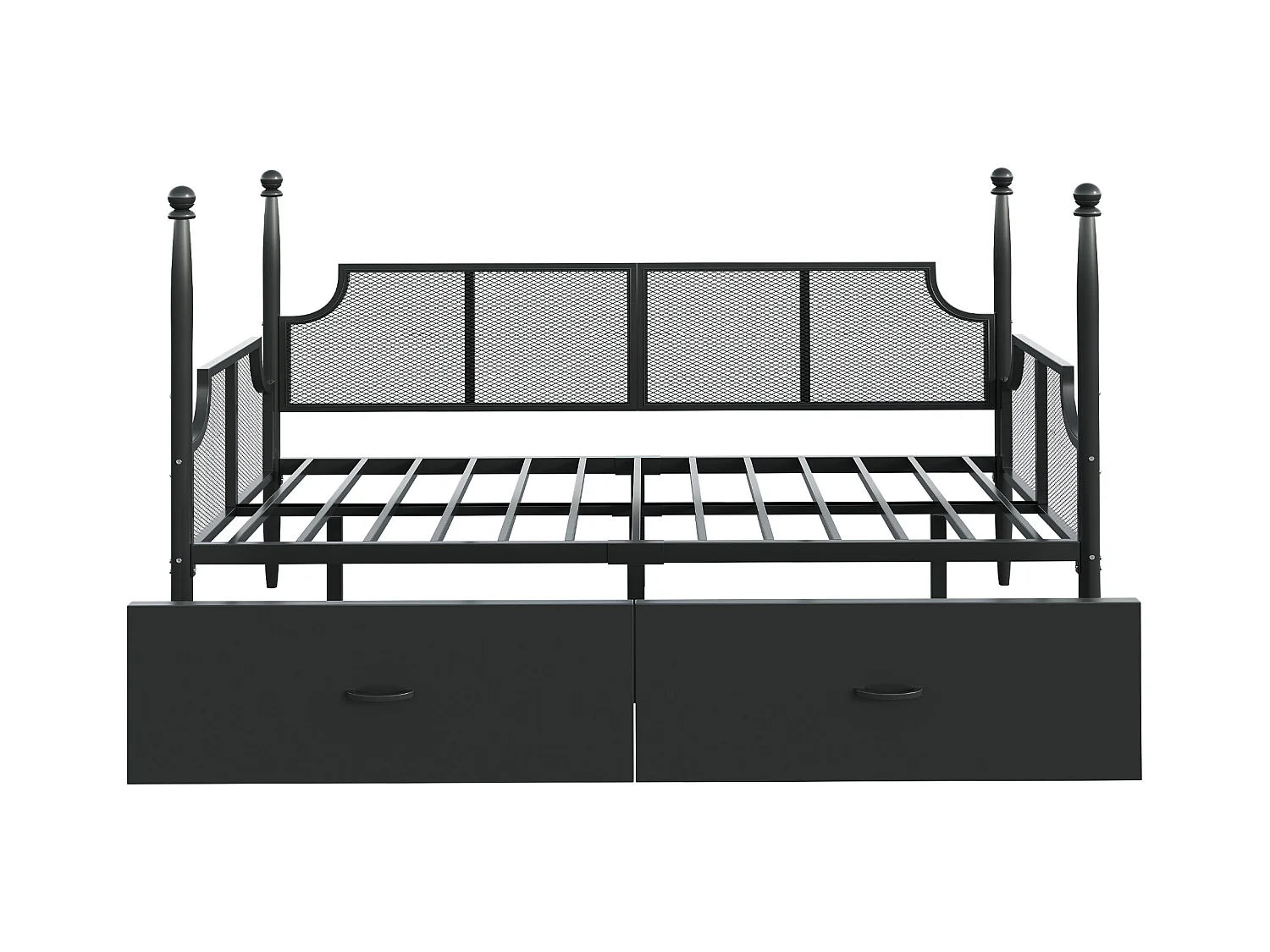 Zwart metalen slaapbank 90x200 cm met netrugleuning en 2 opberglades - zonder matras