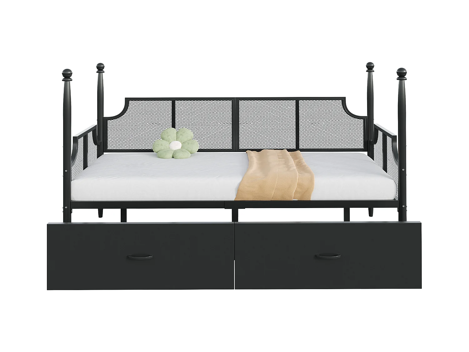 Zwart metalen slaapbank 90x200 cm met netrugleuning en 2 opberglades - zonder matras