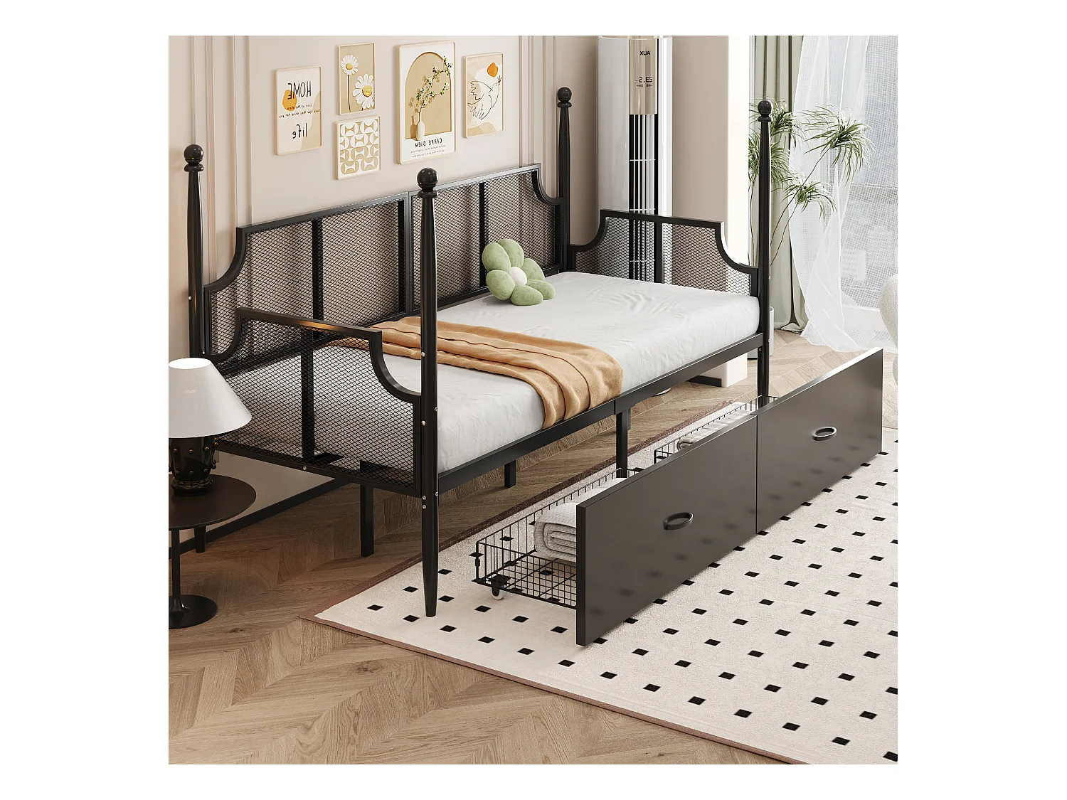 Lit banquette 90x200 cm en métal noir, avec dossier grillagé et 2 tiroirs de rangement - sans matelas