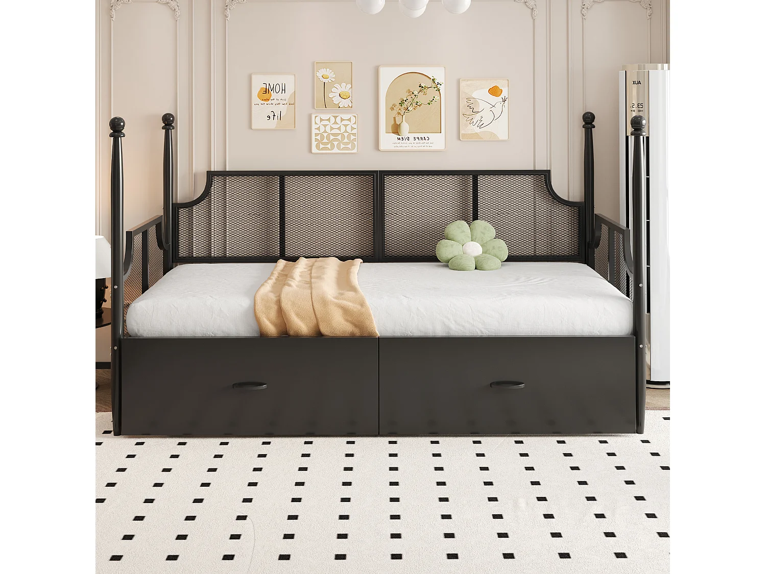 Lit banquette 90x200 cm en métal noir, avec dossier grillagé et 2 tiroirs de rangement - sans matelas