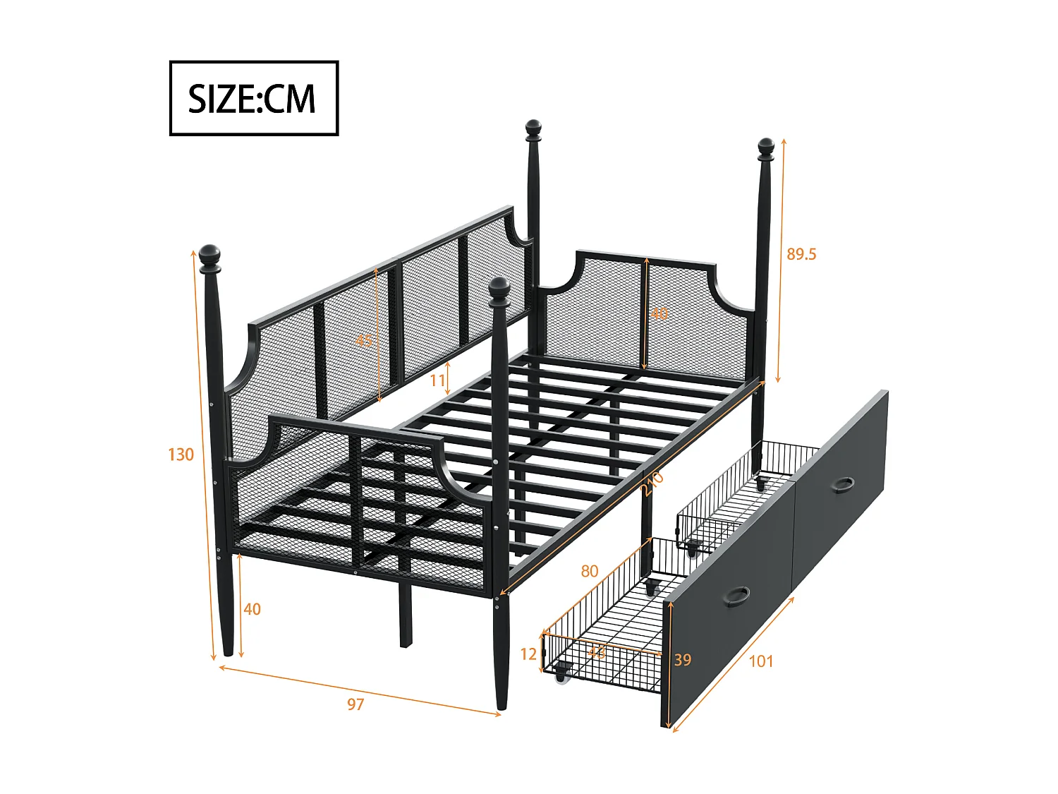 Lit banquette 90x200 cm en métal noir, avec dossier grillagé et 2 tiroirs de rangement - sans matelas