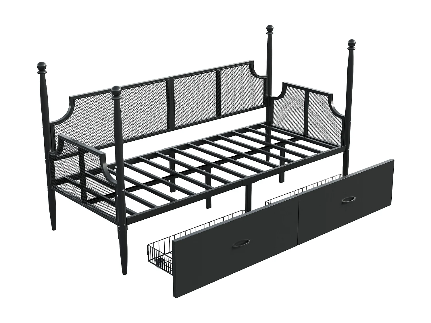 Lit banquette 90x200 cm en métal noir, avec dossier grillagé et 2 tiroirs de rangement - sans matelas