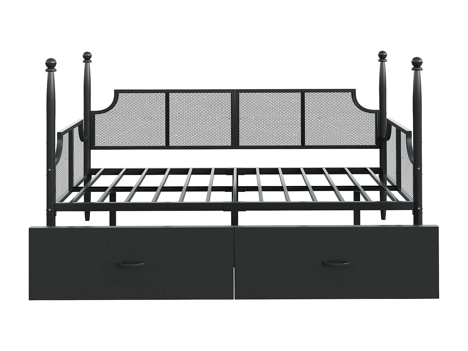 Lit banquette 90x200 cm en métal noir, avec dossier grillagé et 2 tiroirs de rangement - sans matelas