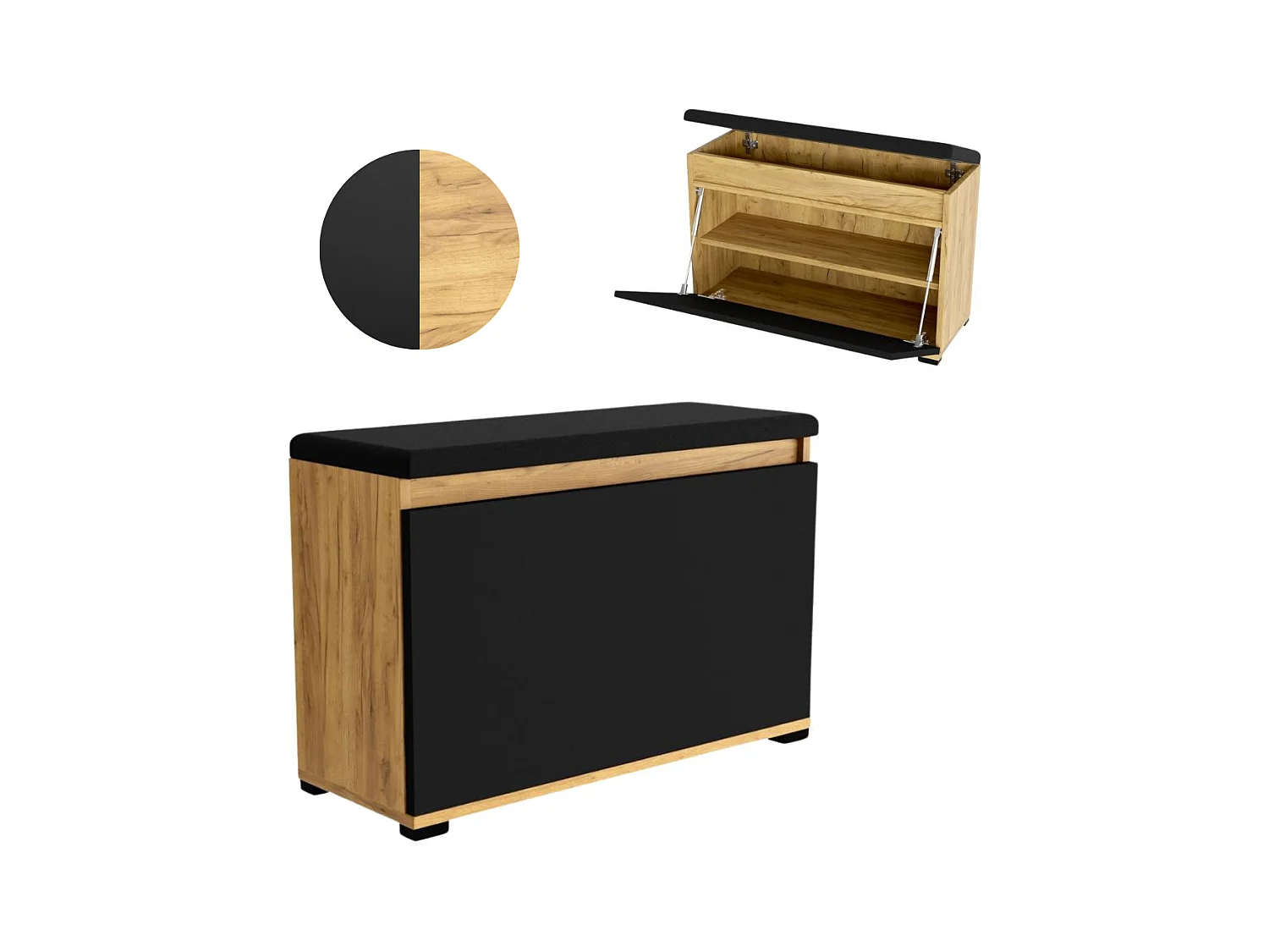 Meuble à chaussures 90 cm avec rangement, assise rembourrée, étagère – Chêne noir