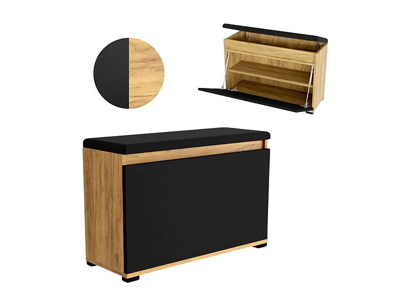 Schuhschrank 90cm mit Aufbewahrung, gepolsterter Sitz, Regal, Schwarzeiche