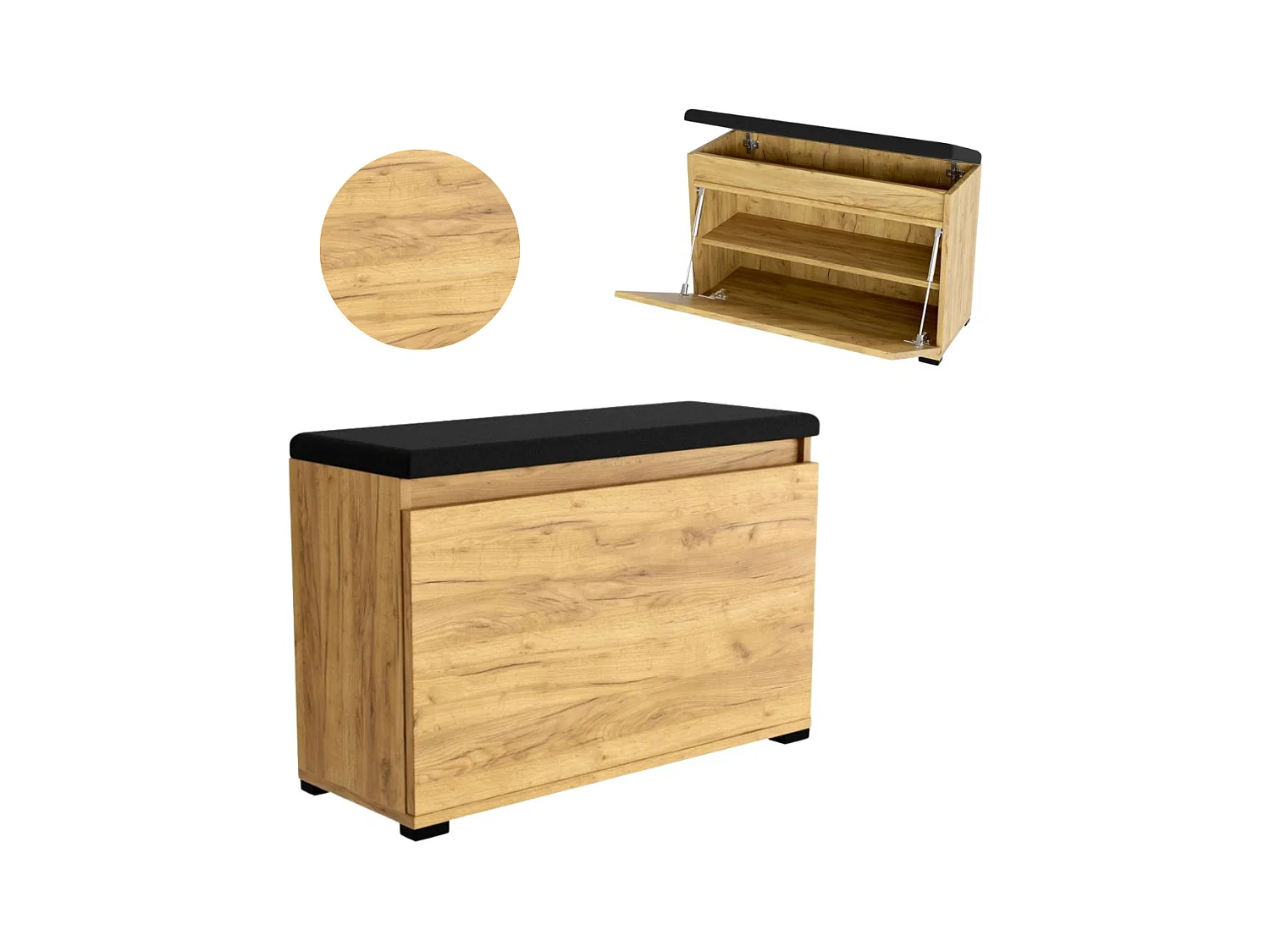 Mueble para zapatos 150 cm con almacenamiento, asiento tapizado, estante – Roble Dorado