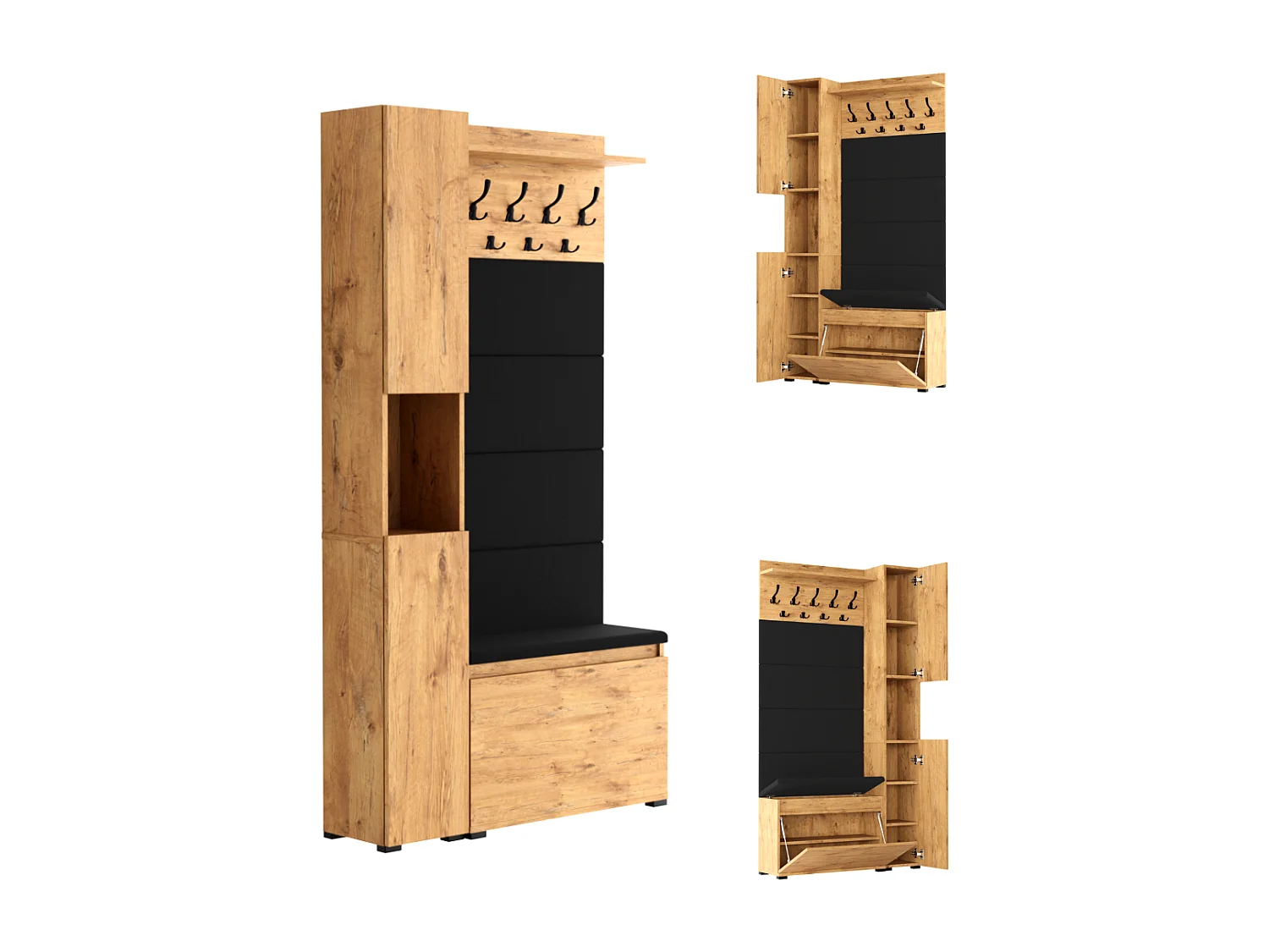 Garderobe für den Flur mit Sitzbank, Kleiderhaken, Polsterpaneel, Sonoma Eiche