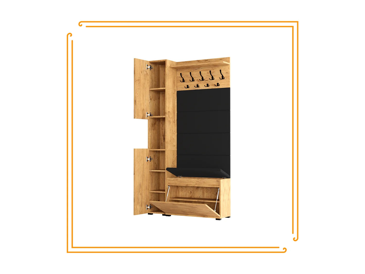 Garderobe für den Flur mit Sitzbank, Kleiderhaken, Polsterpaneel, Sonoma Eiche