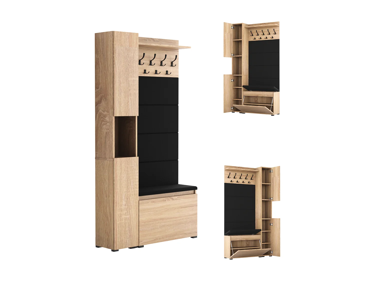 Vestiaire d’entrée avec assise, patères et panneau rembourré – Chêne Sonoma