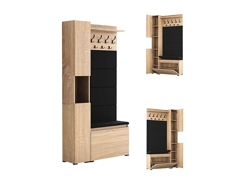 Vestiaire d’entrée avec assise, patères et panneau rembourré – Chêne Sonoma