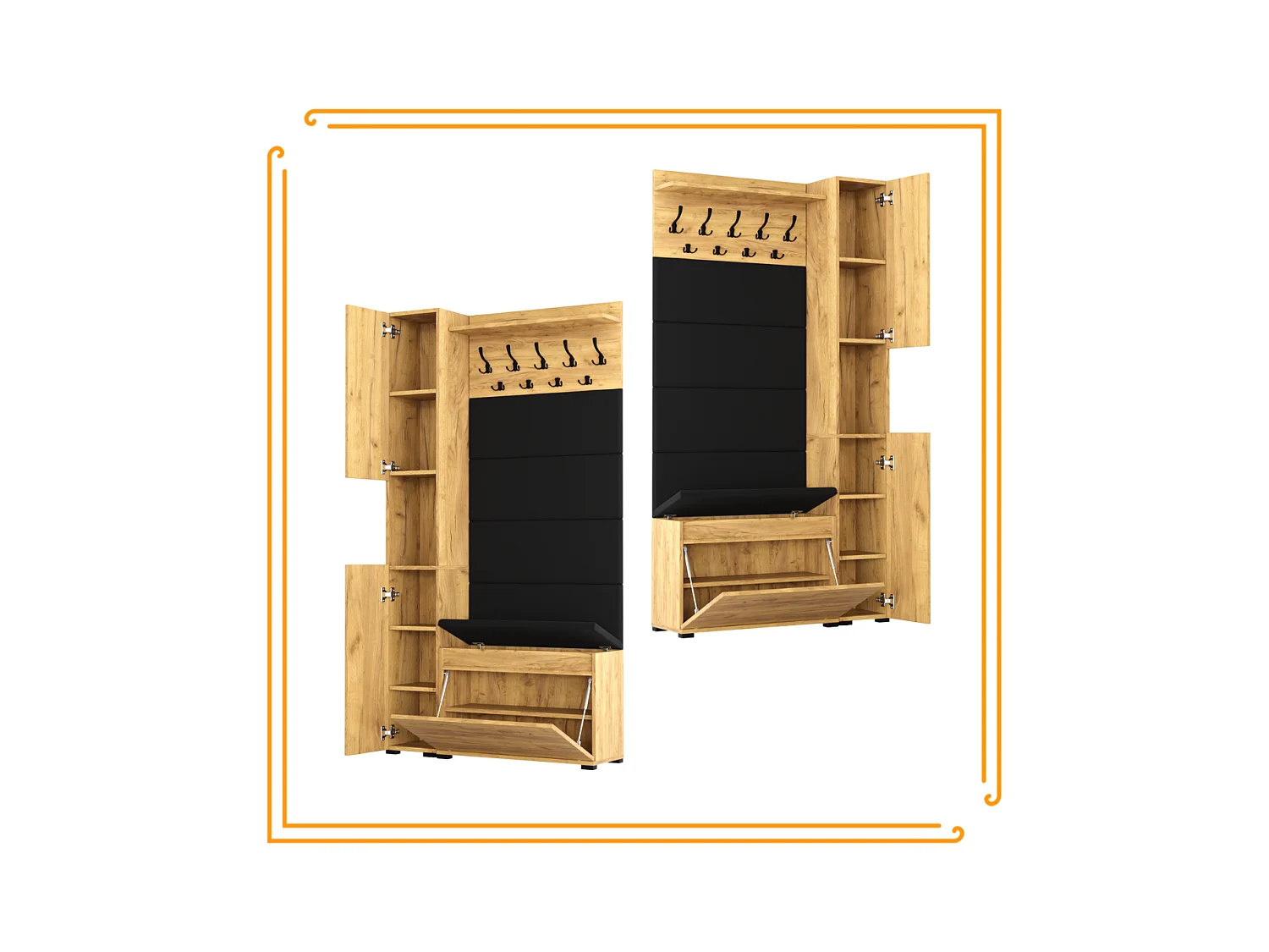 Vestiaire d'entrée avec assise, patère, panneau rembourré et colonne