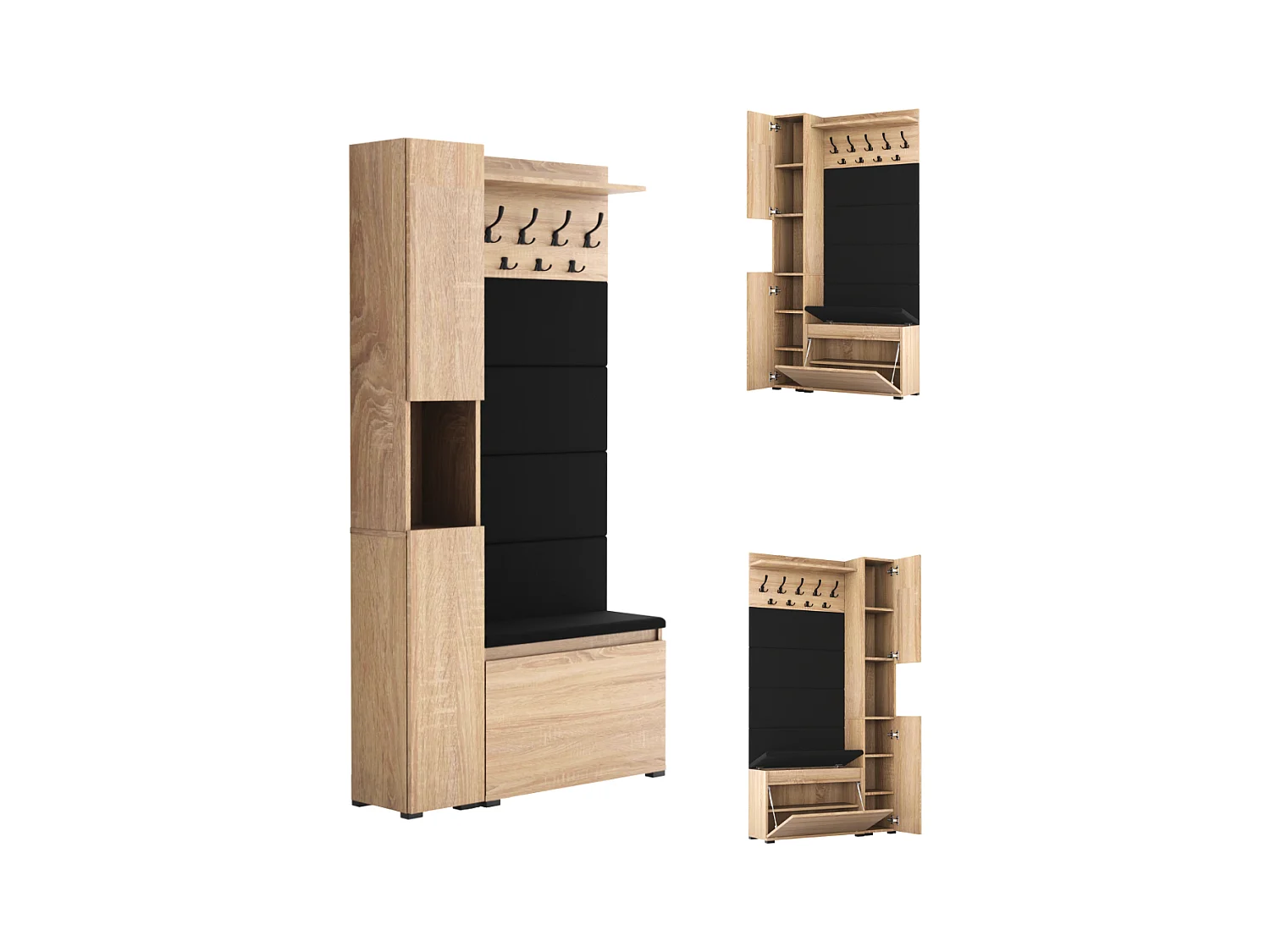 Garderobe für den Flur mit Sitzbank, Kleiderhaken, Polsterpaneel, Weiß