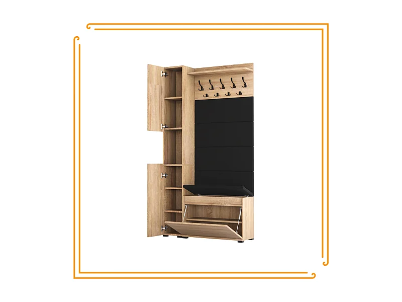 Armario para el recibidor con asiento, perchero, panel tapizado en Roble Sonoma