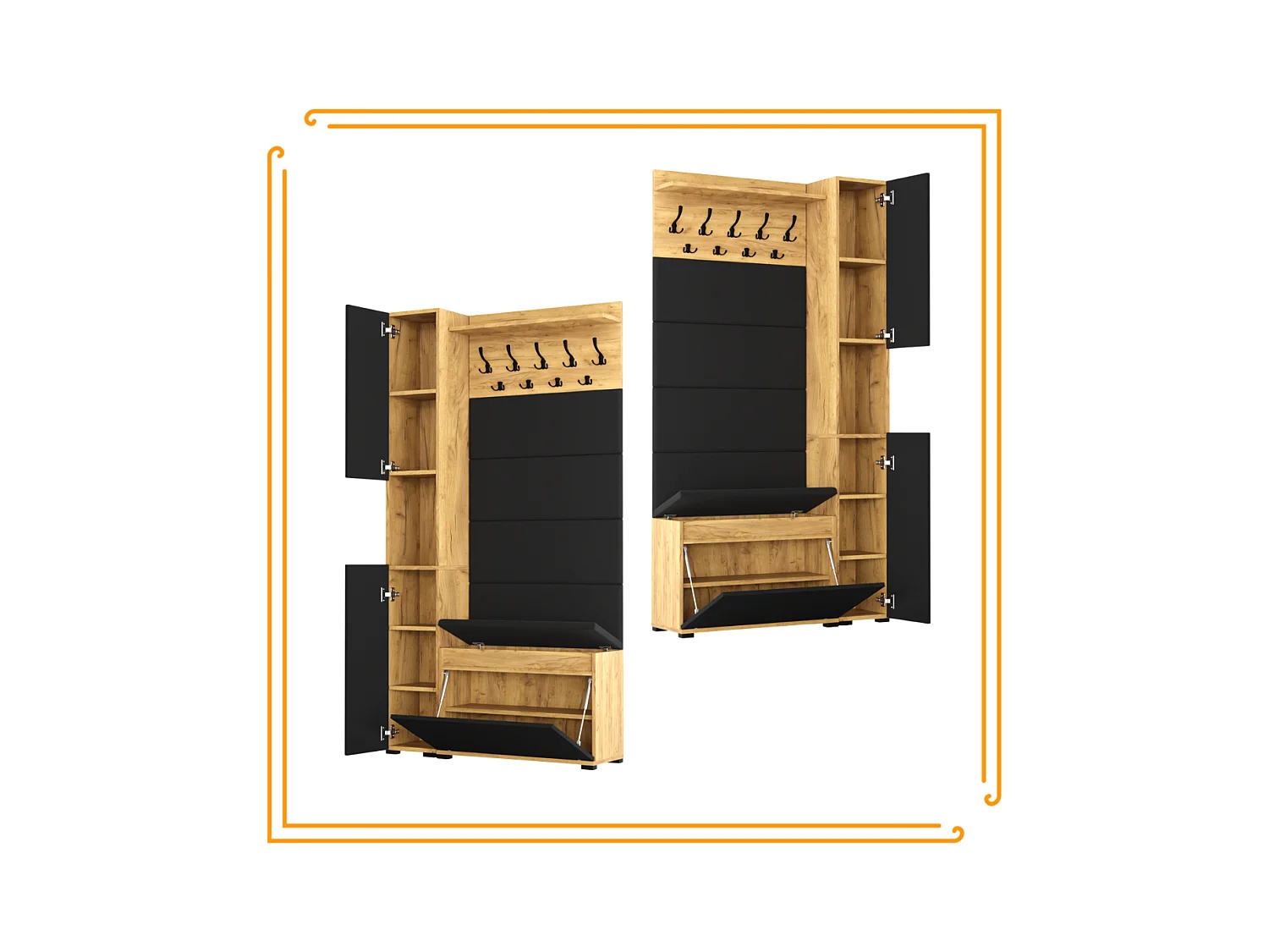 Armario para el recibidor con asiento, perchero, panel tapizado en Dorado Craft y Negro