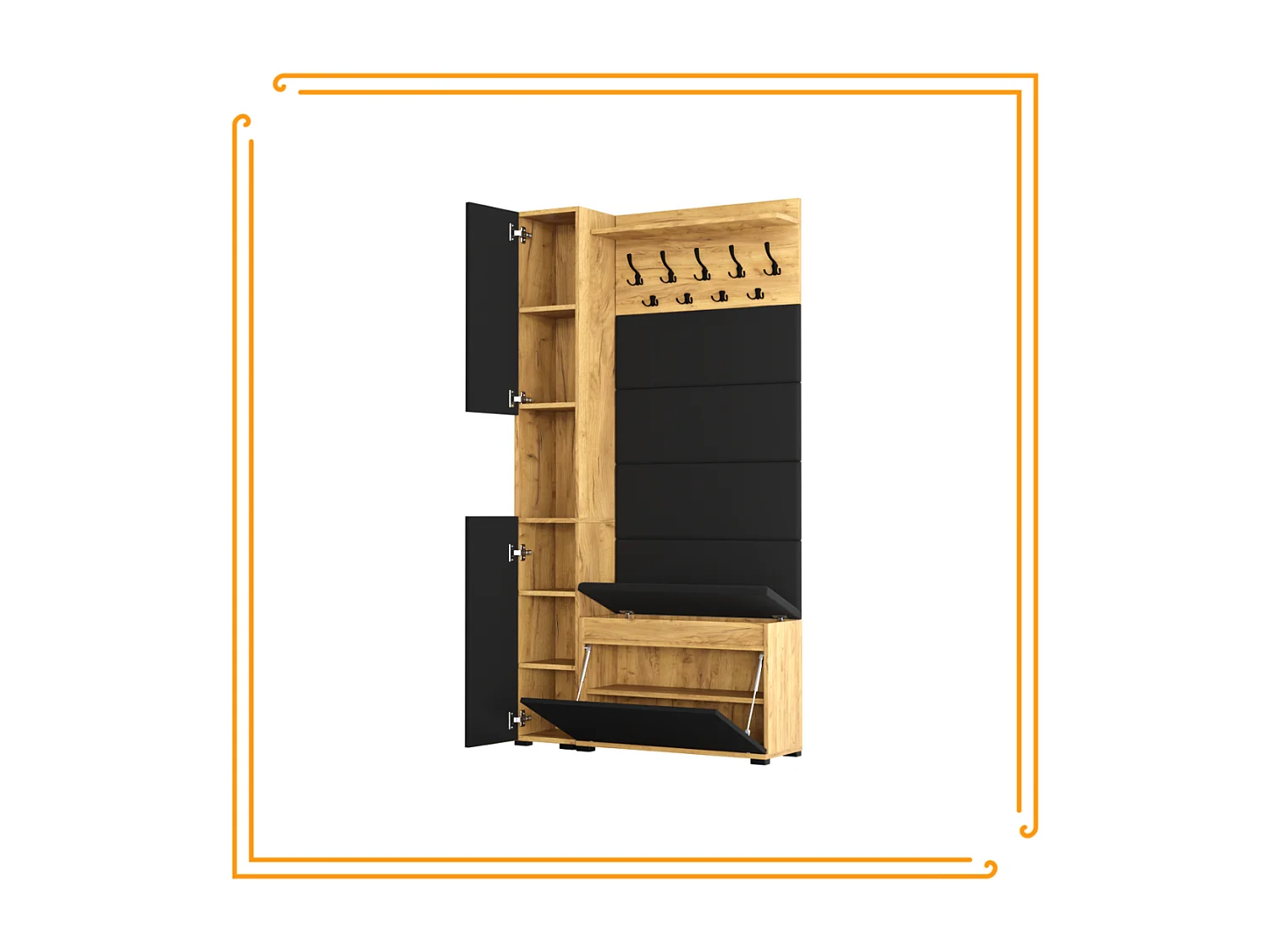 Armario para el recibidor con asiento, perchero, panel tapizado en Dorado Craft y Negro