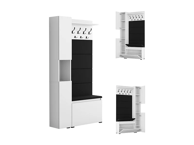 Vestiaire d'entrée avec assise, patère, panneau rembourré – Blanc