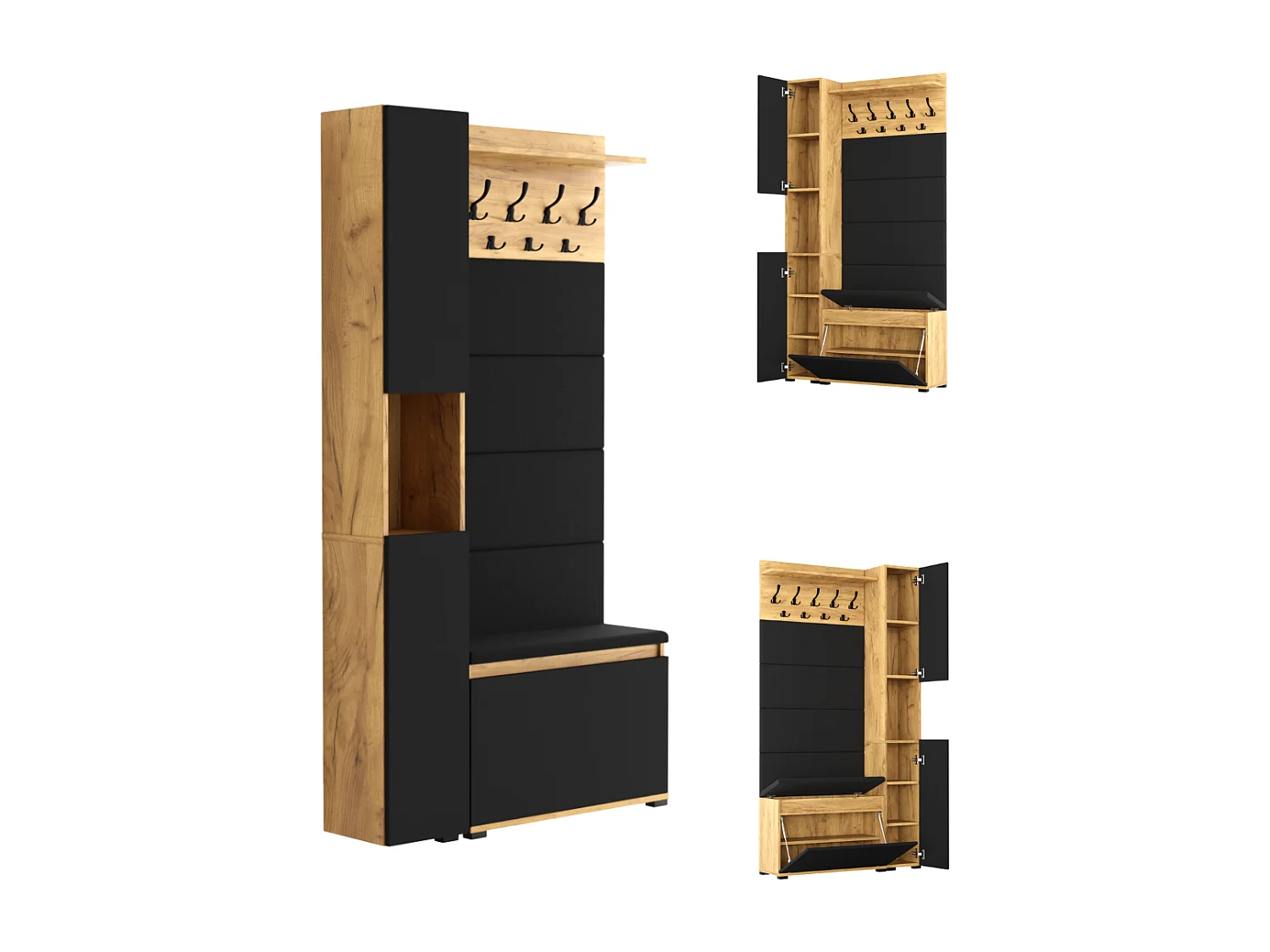 Vestiaire d'entrée avec assise, patère, panneau rembourré – Chêne doré et noir