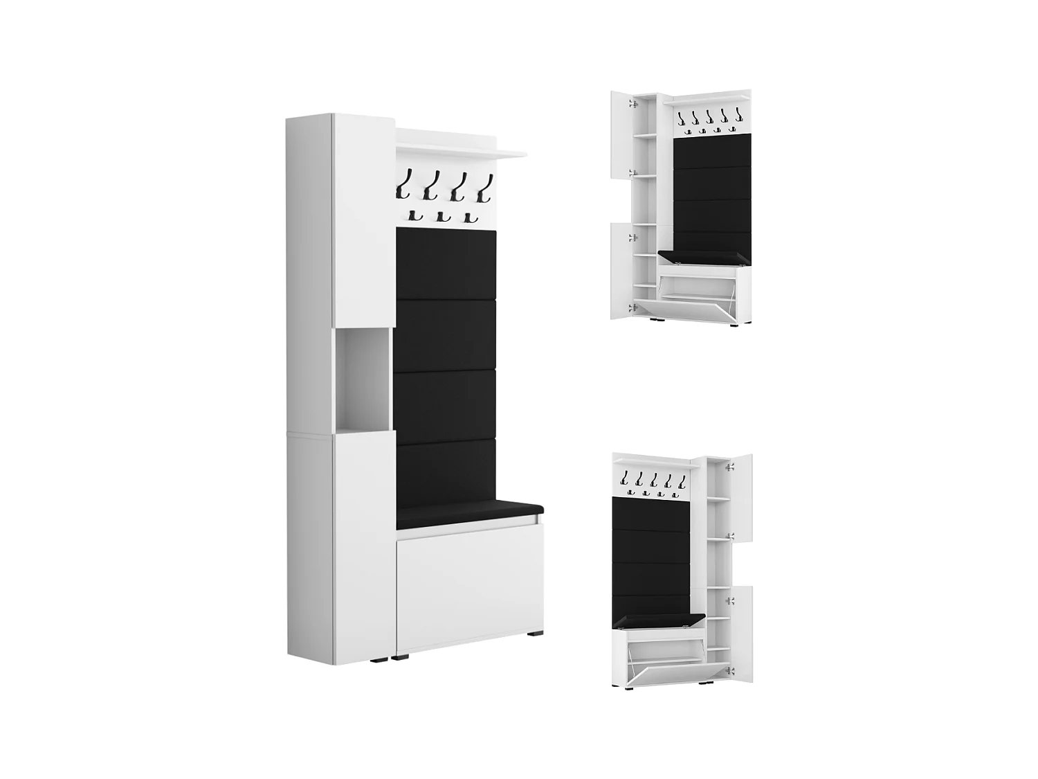 Garderobe für den Flur mit Sitzbank, Kleiderhaken, Polsterpaneel, Weiß