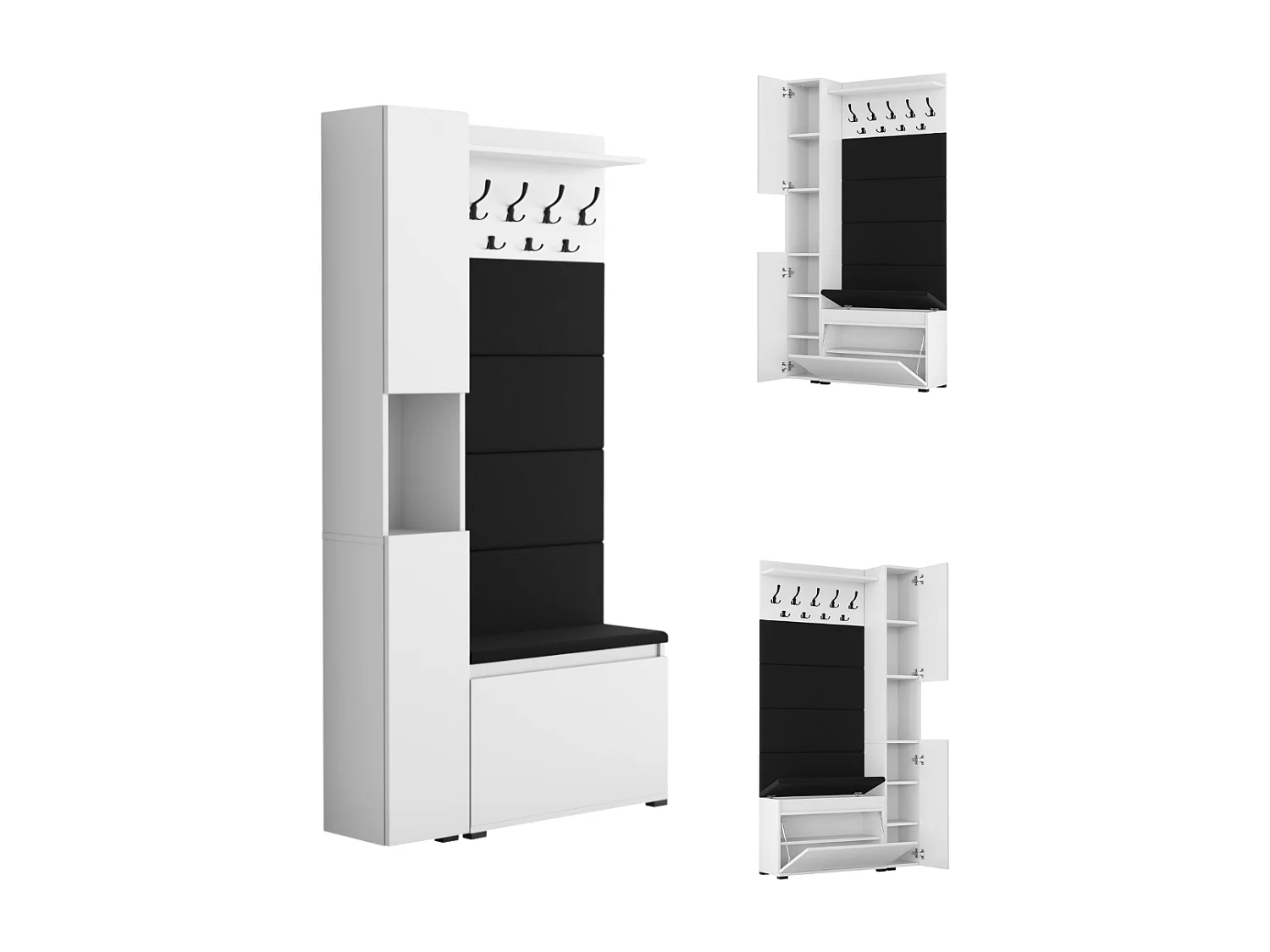 Vestiaire d'entrée avec assise, patère, panneau rembourré – Blanc
