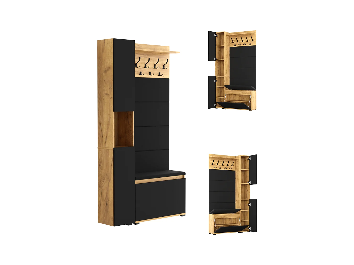 Armario para el recibidor con asiento, perchero, panel tapizado en Dorado Craft y Negro