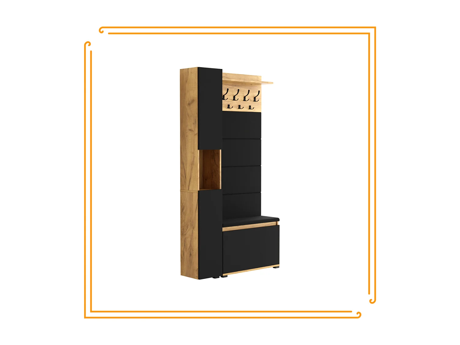 Vestiaire d'entrée avec assise, patère, panneau rembourré – Chêne doré et noir