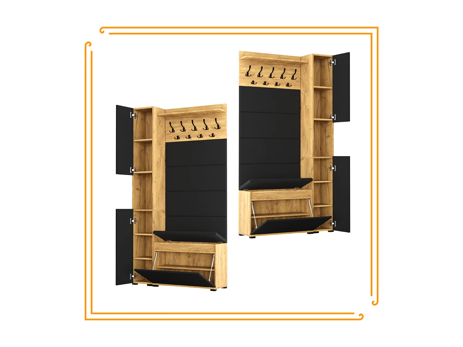 Vestiaire d'entrée avec assise, patère, panneau rembourré – Chêne doré et noir