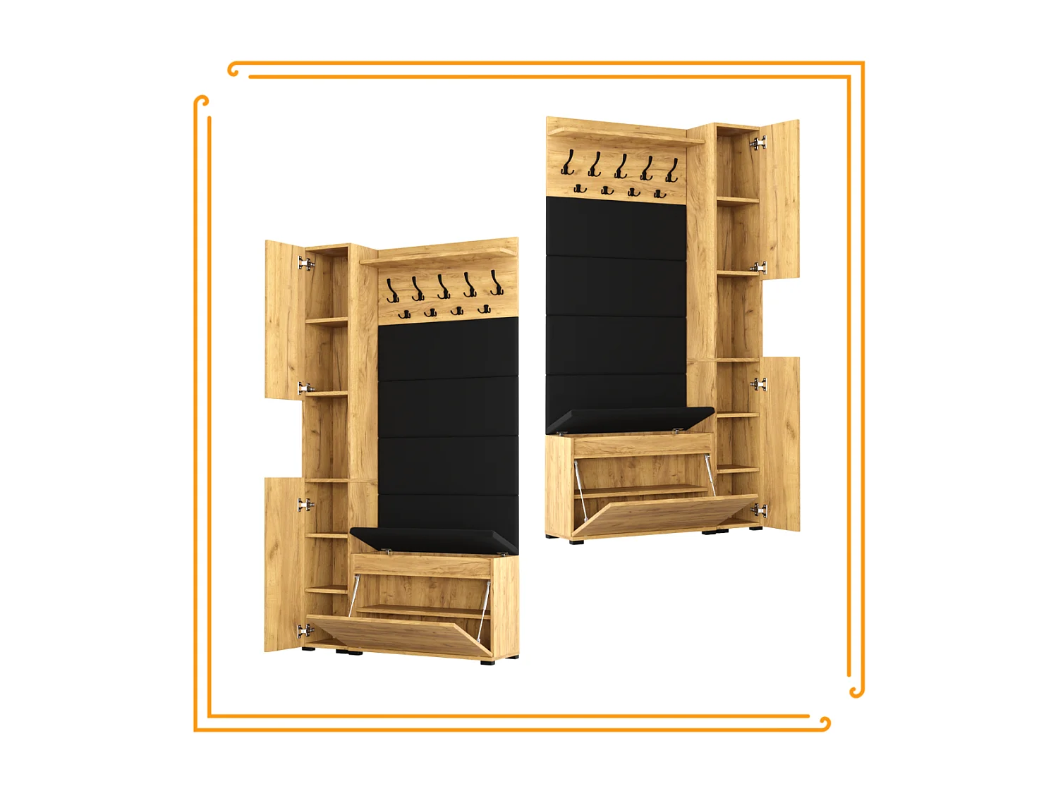 Garderobe für den Flur mit Sitzbank, Kleiderhaken, Polsterpaneel, Hochschrank